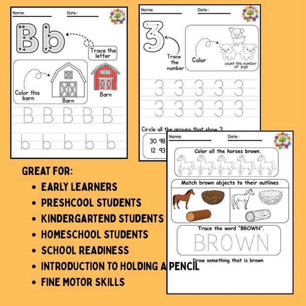 Farm Friends Preschool Activity Pack: Alphabet, Numbers, Shapes (Printable Download)