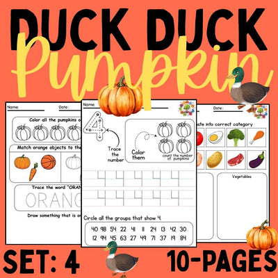 Pumpkin & Duck Preschool Activity Pack | Fall Worksheets, Counting, Shapes, Coloring Printables