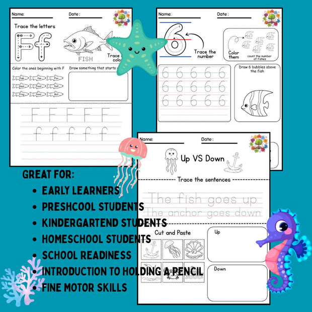 Sea Animals Preschool Activity Pack: Ocean Worksheets, Counting, Letters & Shapes Printables