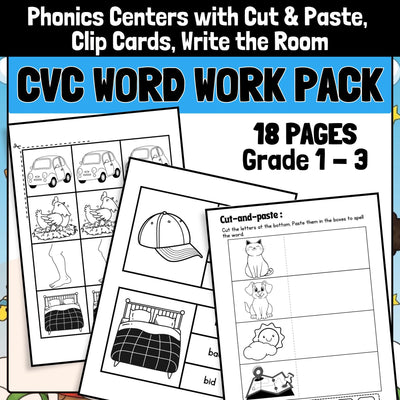 CVC Word Work Pack: Phonics Cut & Paste, Clip Cards, Write the Room