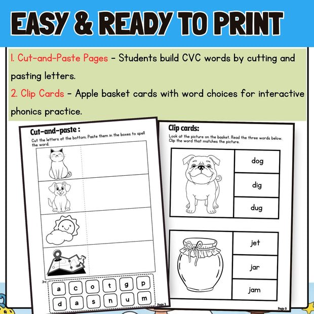 CVC Word Work Pack: Phonics Cut & Paste, Clip Cards, Write the Room