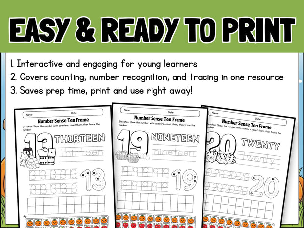 Ten Frames 1-20 Worksheets: Counting & Number Tracing (Printable)