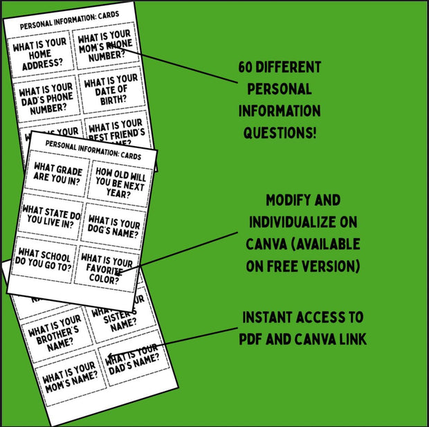Personal Information Question Cards | PDF + Editable Digital Copy | Life Skills & Special Education