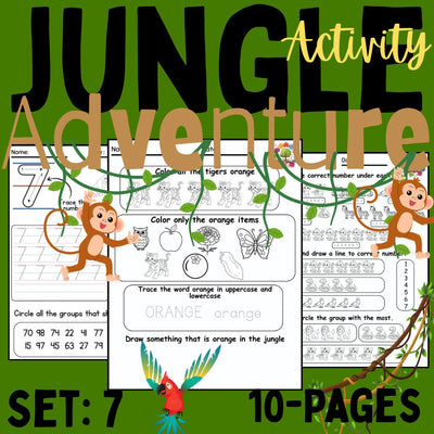 Jungle Animals Preschool Activity Pack | Set 7 | Printable Worksheets for Kids, Letters, Numbers & Colors