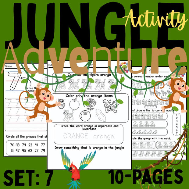 Jungle Animals Preschool Activity Pack | Set 7 | Printable Worksheets for Kids, Letters, Numbers & Colors