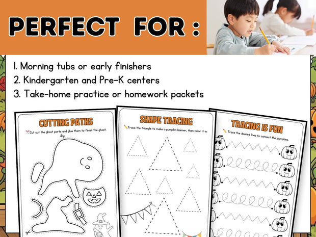 Pumpkin Patch Fine Motor Skills Pack: Tracing, Cutting, Shapes (Printable)