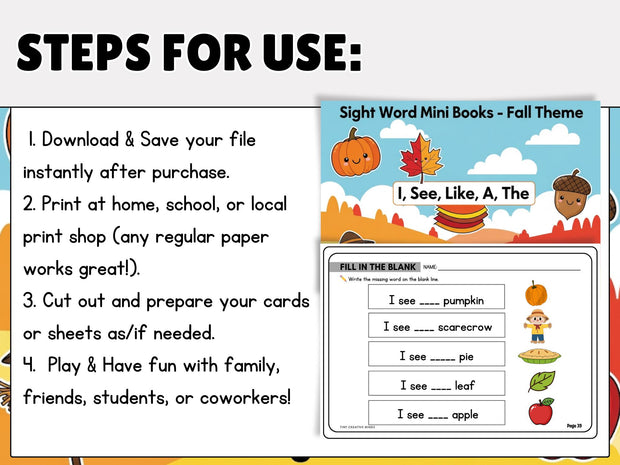 Fall Sight Word Mini Books: Reading Practice for Grades 1-3 (Printable)