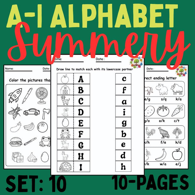 Alphabet & Numbers Preschool Activity Pack A–I | Set 10 | Printable Worksheets for Kids