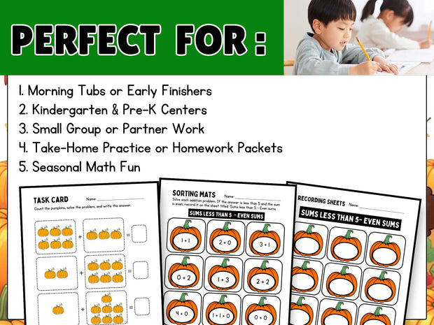 Pumpkin Patch Math Centers: Addition to 10, Shape Tracing