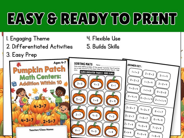 Pumpkin Patch Math Centers: Addition to 10, Shape Tracing