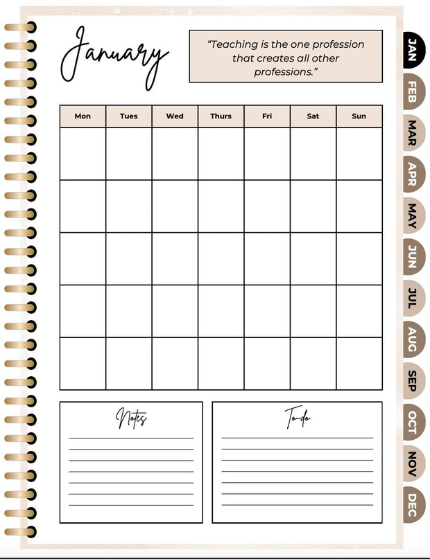 Digital Teacher Planner PDF | Motivational Calendar with Quotes, Notes & To-Do Pages | Printable Teacher Organizer
