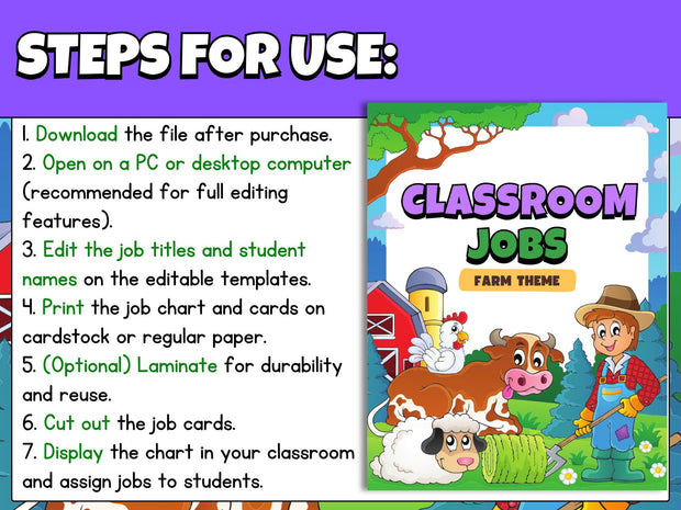 Farm Theme Classroom Job Chart: Printable Teacher Organization (Editable)