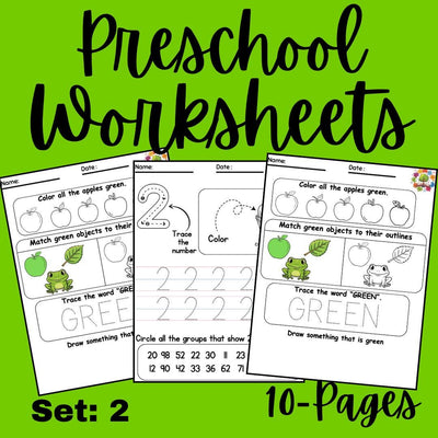 Printable Preschool Worksheets Set 2 | Alphabet, Numbers, Colors, Shapes & Cut and Paste Activities