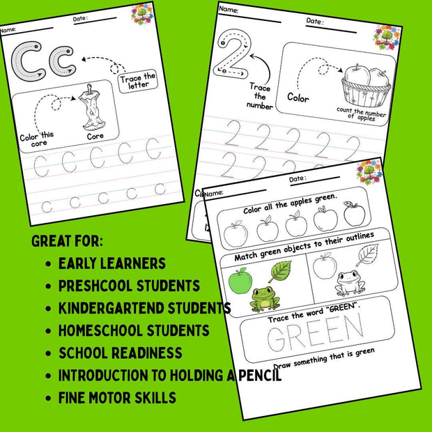 Printable Preschool Worksheets Set 2 | Alphabet, Numbers, Colors, Shapes & Cut and Paste Activities