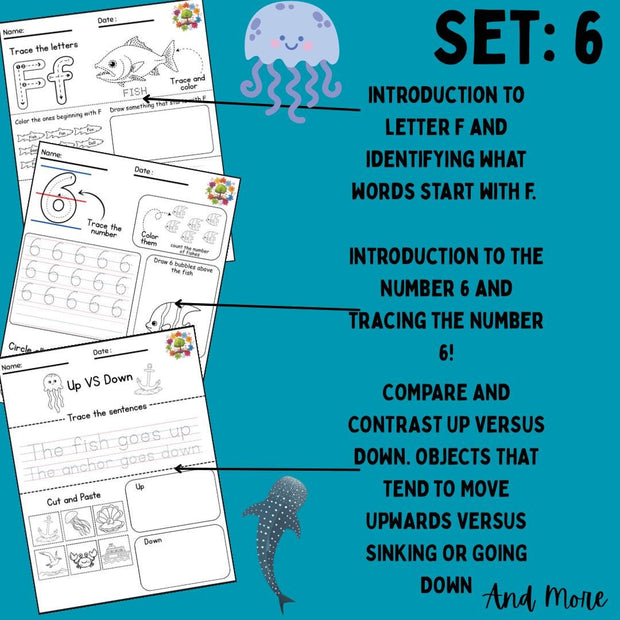 Sea Animals Preschool Activity Pack: Ocean Worksheets, Counting, Letters & Shapes Printables