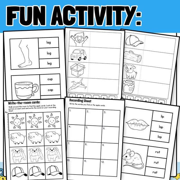 CVC Word Work Pack: Phonics Cut & Paste, Clip Cards, Write the Room