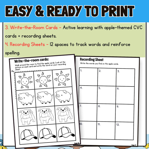 CVC Word Work Pack: Phonics Cut & Paste, Clip Cards, Write the Room