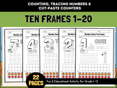 Ten Frames 1-20 Worksheets: Counting & Number Tracing (Printable)