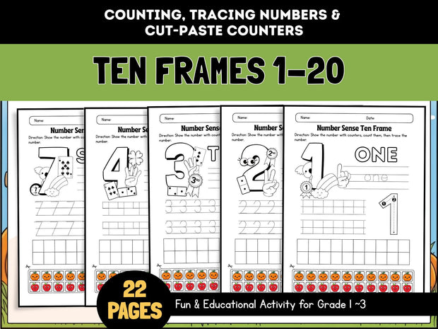 Ten Frames 1-20 Worksheets: Counting & Number Tracing (Printable)
