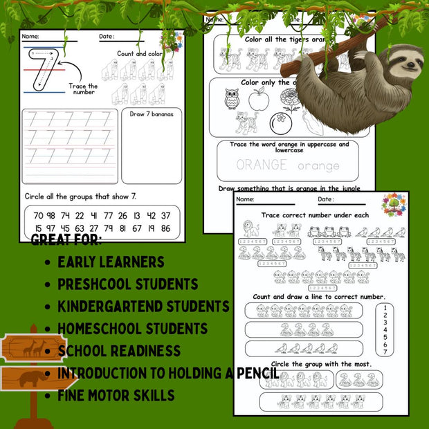 Jungle Animals Preschool Activity Pack | Set 7 | Printable Worksheets for Kids, Letters, Numbers & Colors