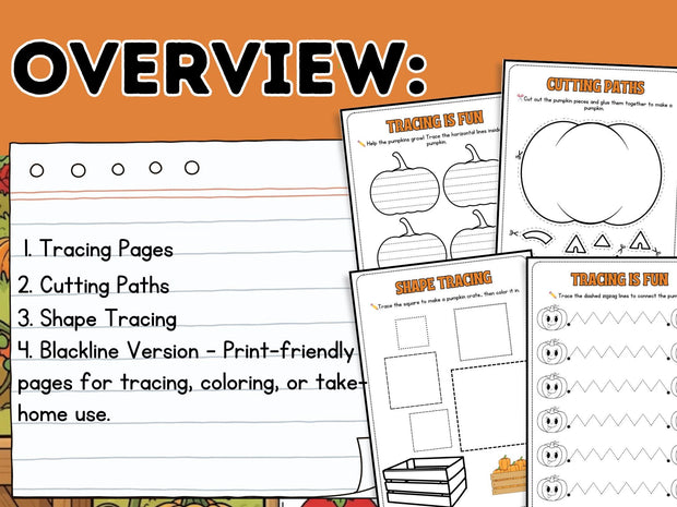 Pumpkin Patch Fine Motor Skills Pack: Tracing, Cutting, Shapes (Printable)