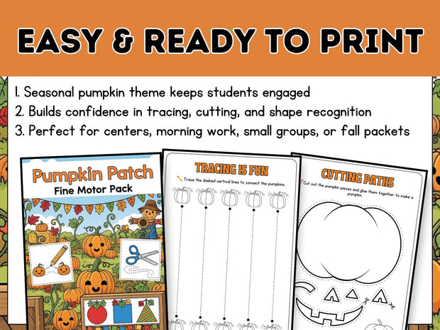 Pumpkin Patch Fine Motor Skills Pack: Tracing, Cutting, Shapes (Printable)