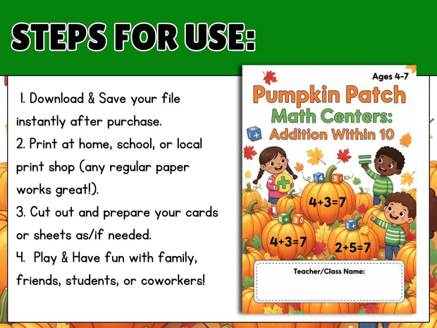 Pumpkin Patch Math Centers: Addition to 10, Shape Tracing