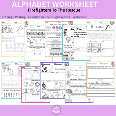 Firefighters to the Rescue Preschool Worksheets | Tracing, Coloring, Alphabet & Shapes for Kindergarten