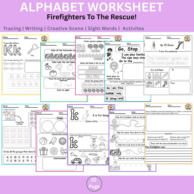 Firefighters to the Rescue Preschool Worksheets | Tracing, Coloring, Alphabet & Shapes for Kindergarten