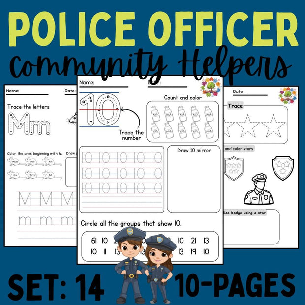 Letter M Police Officer Worksheet Set: Preschool Alphabet Tracing (Digital Download)