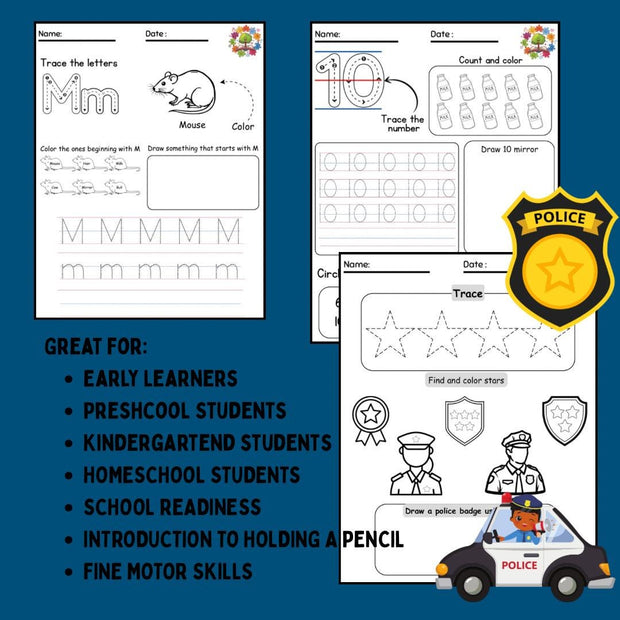 Letter M Police Officer Worksheet Set: Preschool Alphabet Tracing (Digital Download)