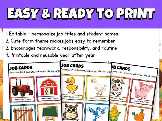 Farm Theme Classroom Job Chart: Printable Teacher Organization (Editable)